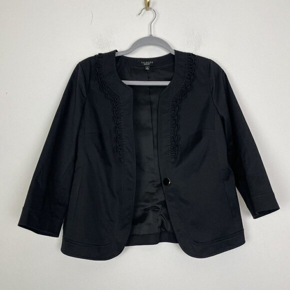 Talbots Black Short Blazer Loop Neck Design Single Button Size 4 Lined - Picture 2 of 7